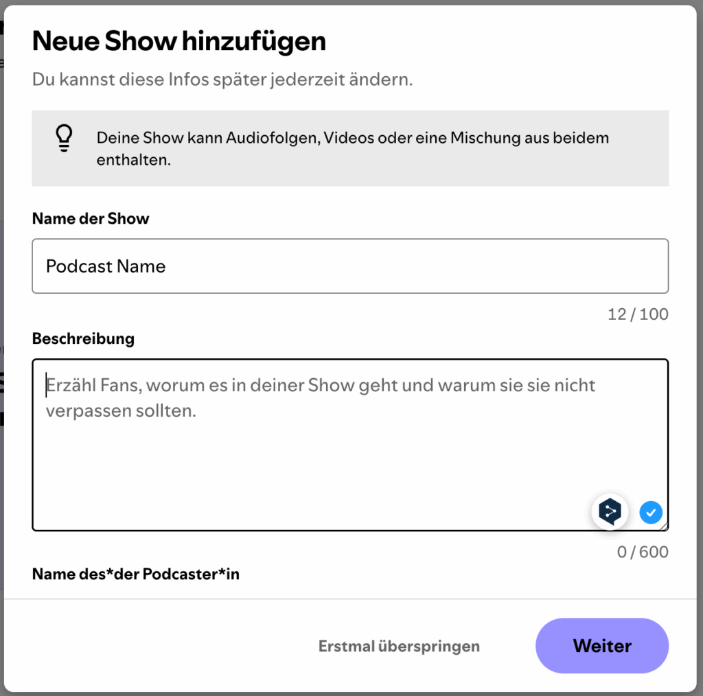Screenshot aus dem Dashboard: Neue Show hinzufügen. Und die verschiedenen Felder, die man ausfüllen kann (Name der Show, Beschreibung, Name des Podcasters)