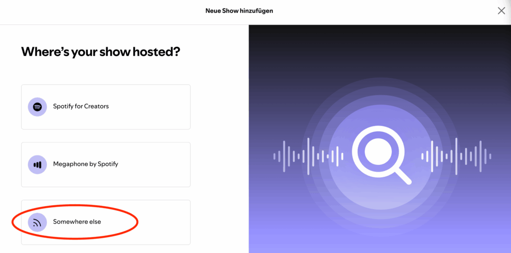 Screenshot der Grafik vom Dashboard:
Where´s your show hosted?
- Spotify for Creators
- Megaphone by Spotify
- Somewhere else (rot umkreist)