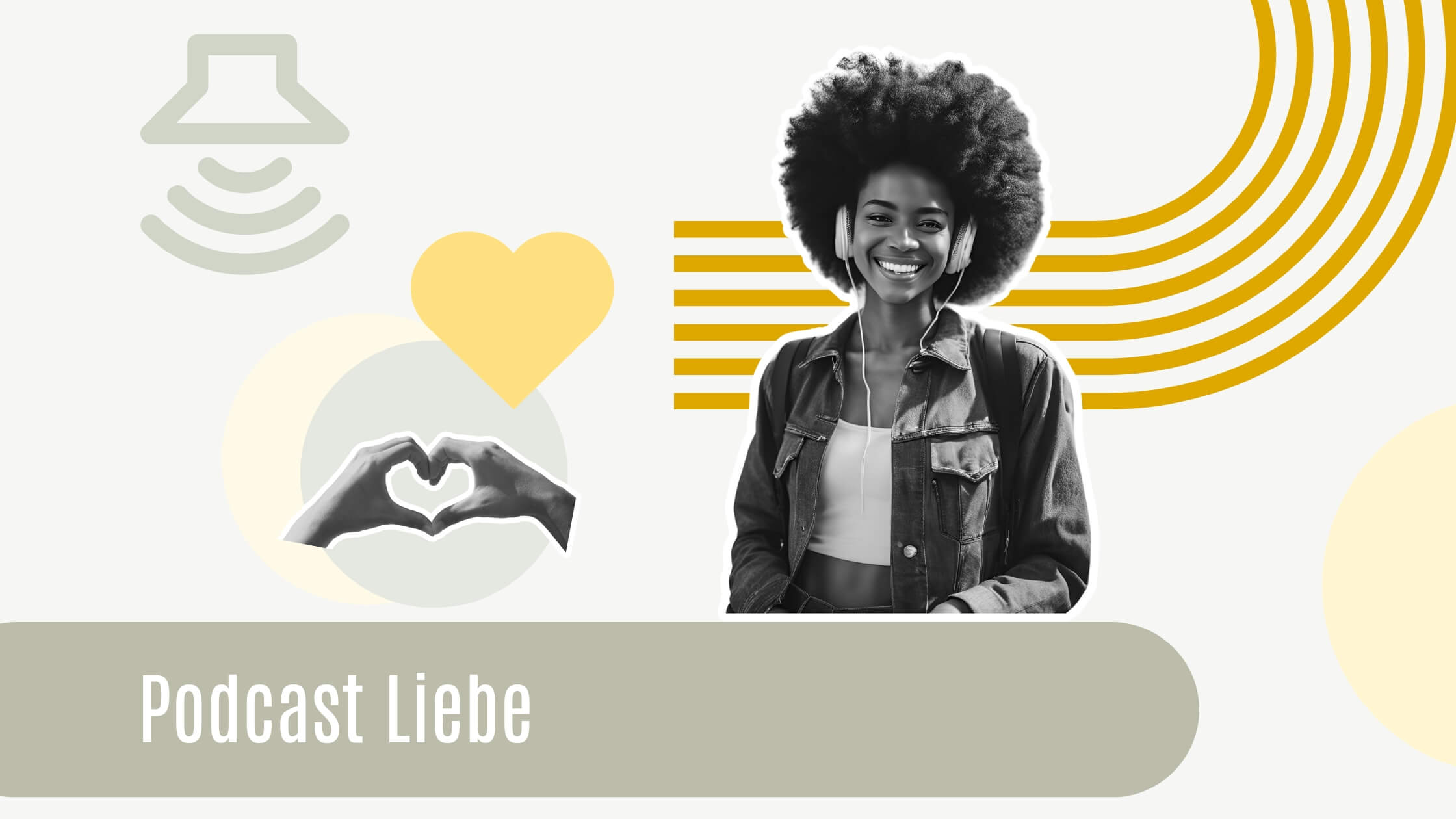 Podcast Liebe. Frau mit Afro und Kopfhörern auf dem Kopf lacht in die Kamera. Finger zeigen das Herz-Symbol.