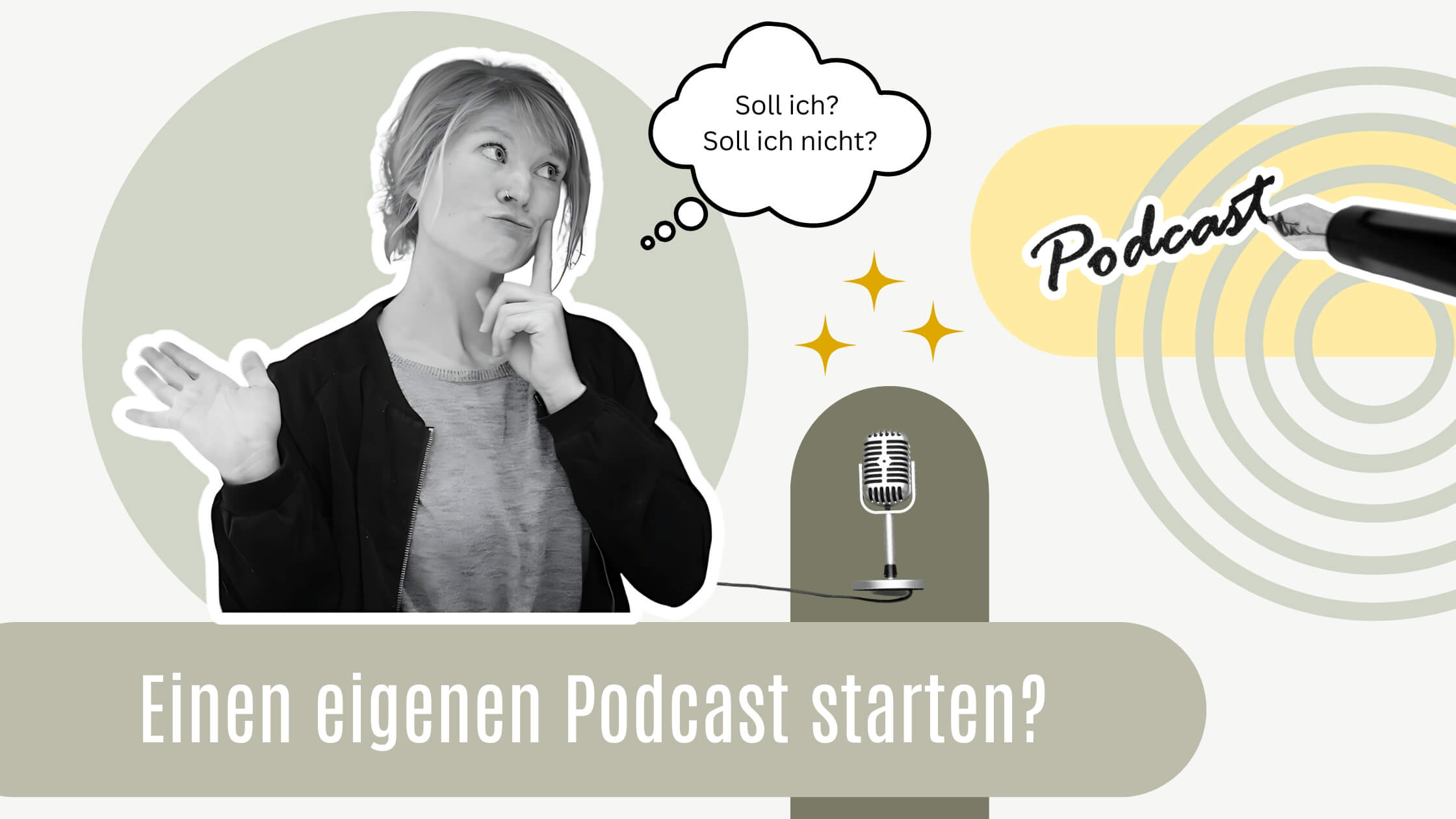 Einen eigenen Podcast starten. Soll ich? Soll ich nicht? Frau mit fragendem Gesicht