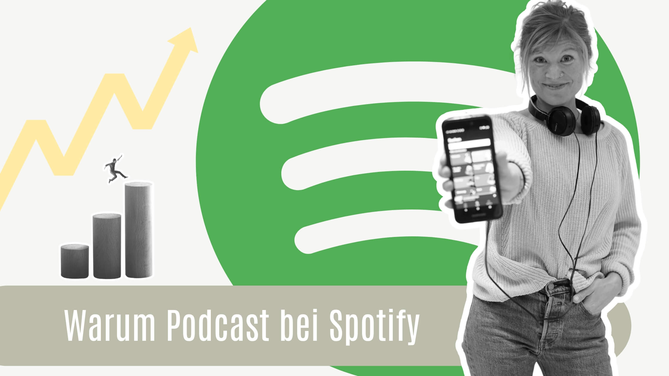 Warum Podcast bei Spotify: Collage mit Foto von Frau, die ein Handy mit Spotify drauf in die Kamera zeigt, Logo von Spotify, ein Mensch der auf eine höhere Ebene springt und ein Pfeil nach oben