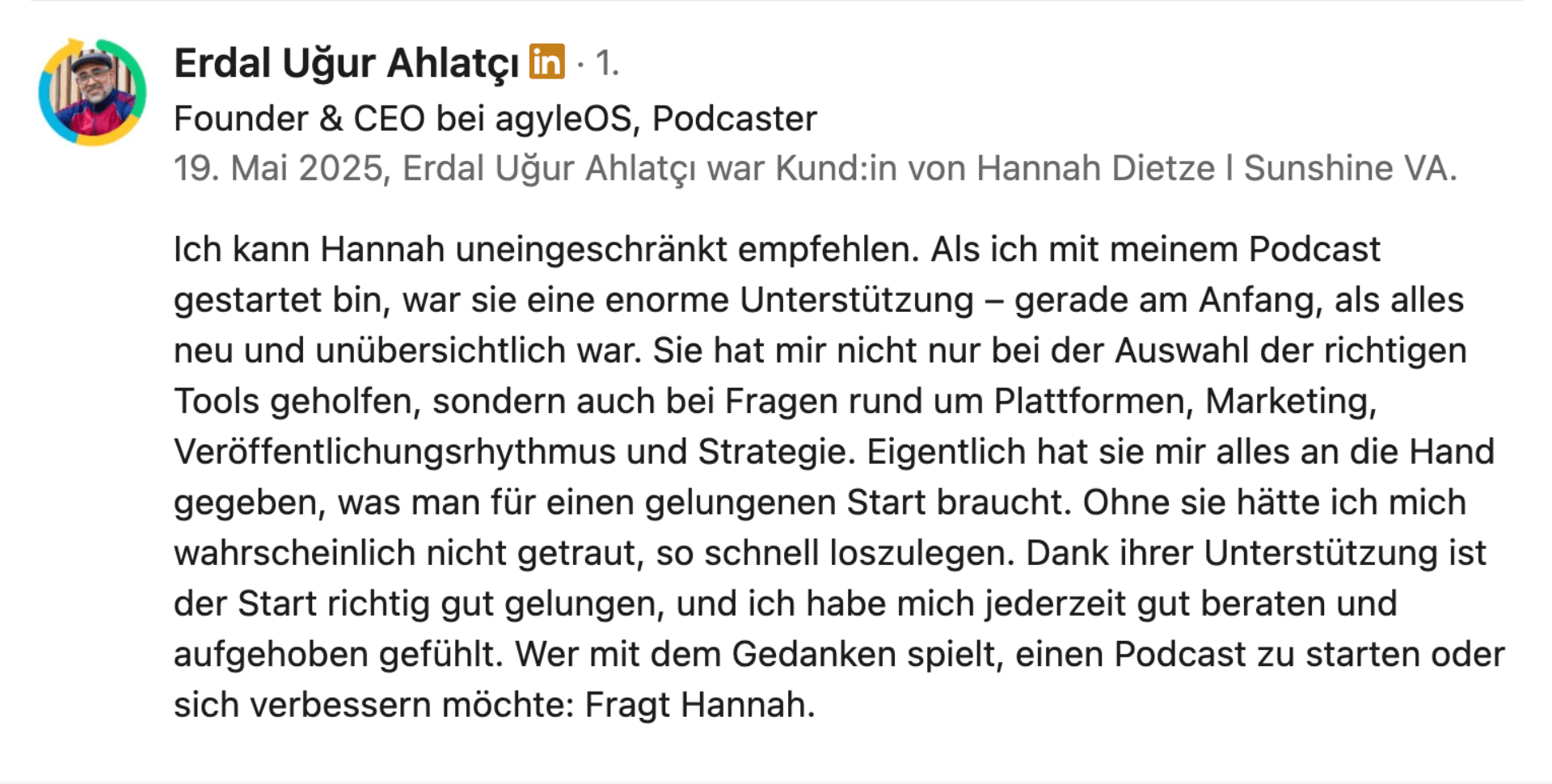 Empfehlung Podcast Starten Erdal Screenshot von einem Empfehlungsschreiben auf LinkedIn