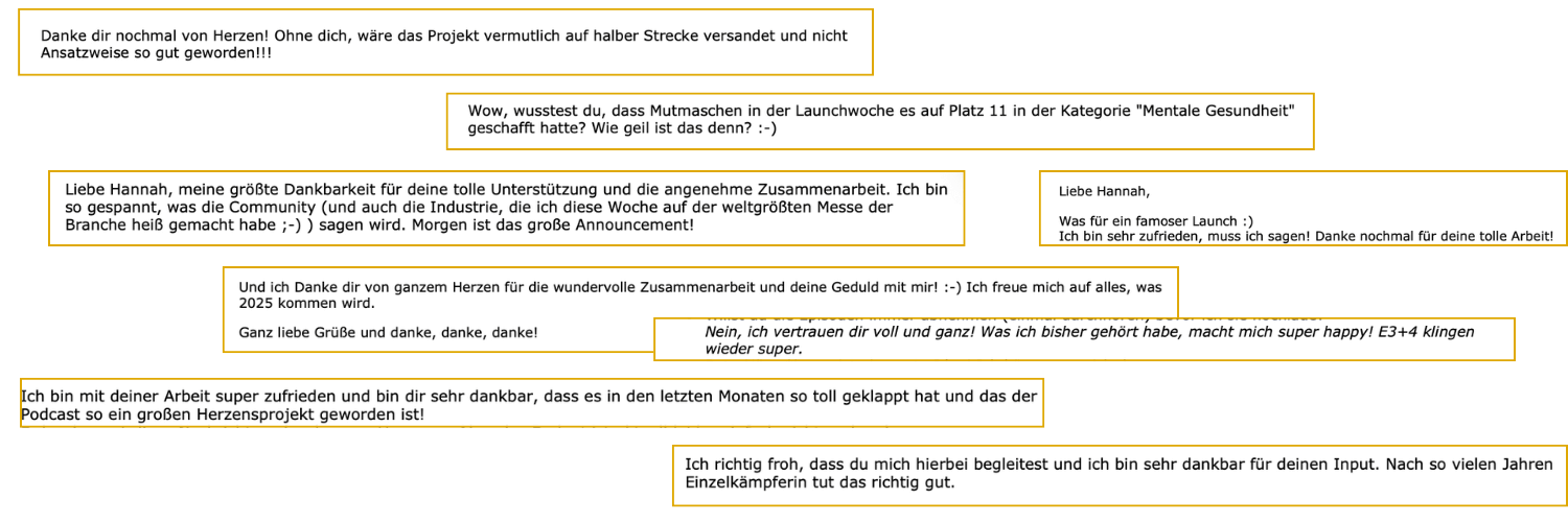 Bild mit vielen Screenshots und Statements, über die Zusammenarbeit mit Hannah bei der Podcast Starthilfe.
