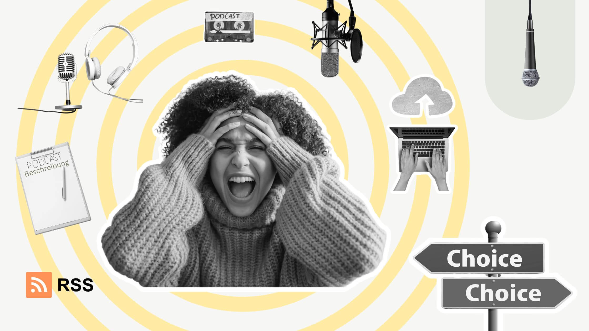 Technikfrust Collage zum Thema Technikfrust mit Bild einer jungen Frau, die verzweifelt ausschaut - um sie herum Symbole für die Podcast-Technik