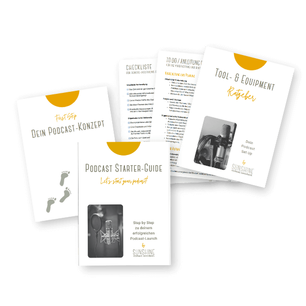 Mockup von ein paar Seiten der Dokumente Podcast Starter Guide, Tool- und Equipment Ratgeber und Checklisten