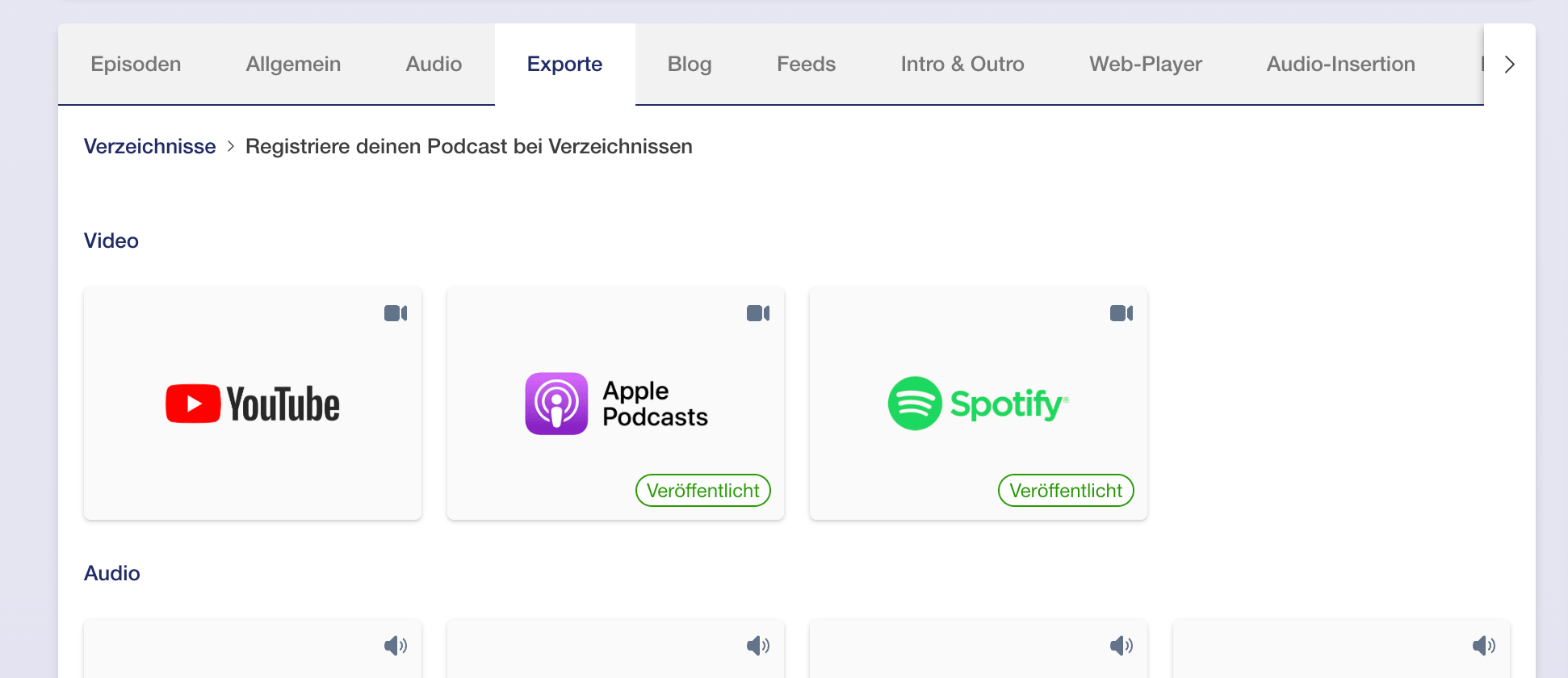 Die Kacheln in Exporte bei Podigee haben nun bei Apple und bei Spotify ein grünes