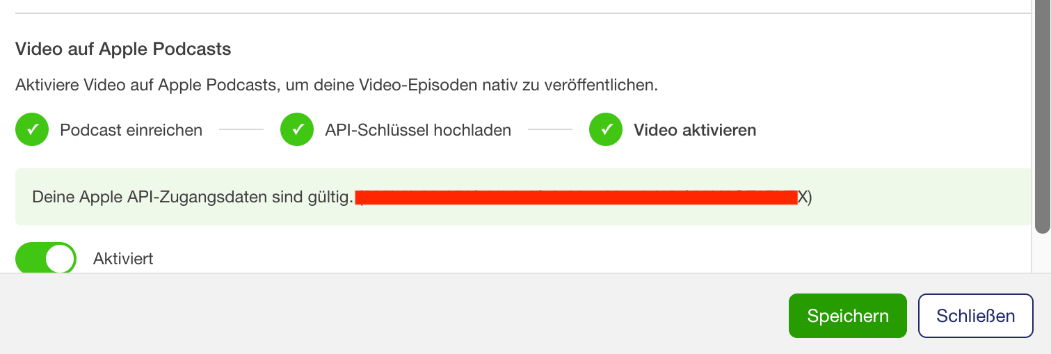Video auf Apple Podcasts einreichen - grüne Haken bei