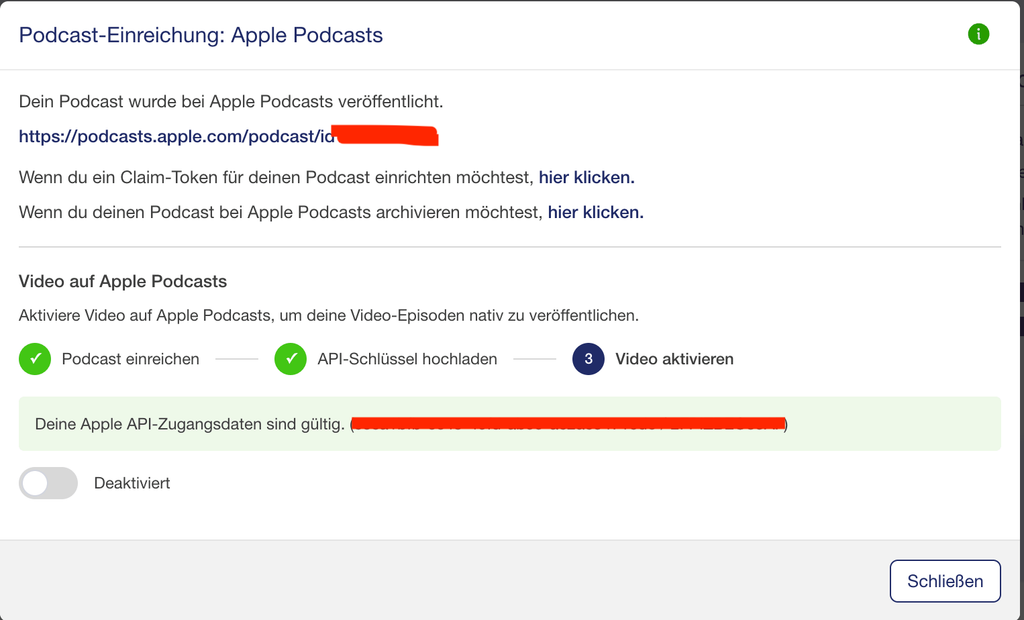 Video auf Apple Podcasts einreichen - grüne Haken bei